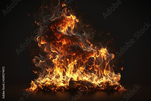  a fire is burning in the dark with lots of orange and yellow flames on it's sides and sides, and a black background. generative ai