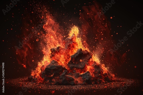  a pile of rocks on a black background with fire coming out of it and a black background with red and yellow fire coming out of it. generative ai