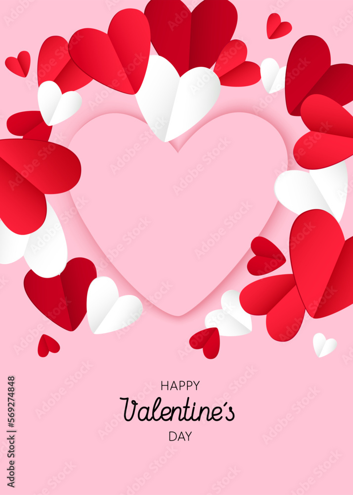 Paper cut hearts fly around pink heart. Valentine's Day greeting card. EPS 10.
