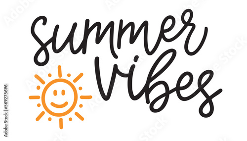 Summer vibes. Simple positive lettering typography script quote summer vibes. Summer poster, card, t-shirt. Black and white vector design. Hand drawn modern calligraphy slogan text - summer vibes.