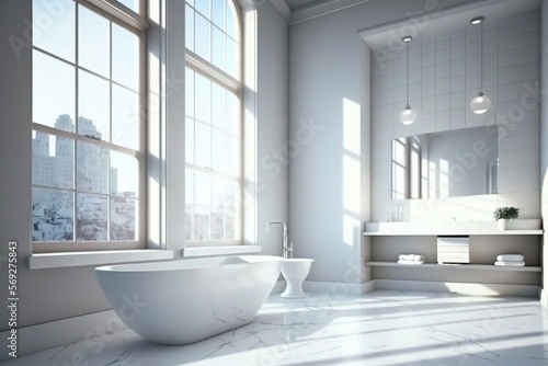  a bathroom with a tub, sink, and large window with city view in the background and sunlight coming through the windows onto the floor. generative ai