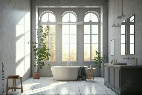  a bathroom with a large window and a white bathtub in the middle of the room with a plant on the side of the tub.  generative ai