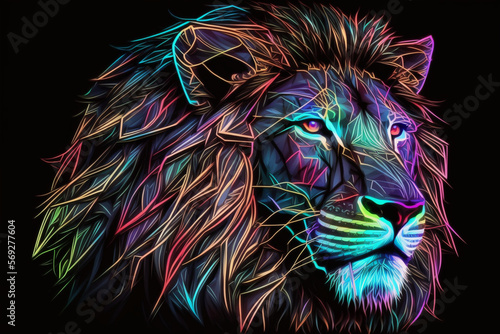 Geometric cyberdelic lion head neon effect glowing with the face in a polygon abstract pattern  Generative AI.