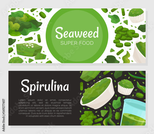 Seaweed Spirulina Banner Design with Green Superfood Vector Template