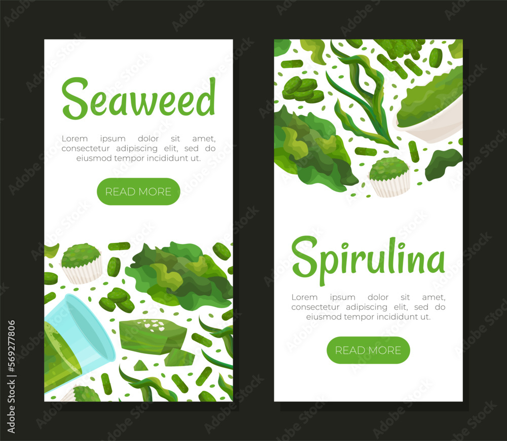 Seaweed Spirulina Banner Design with Green Superfood Vector Template