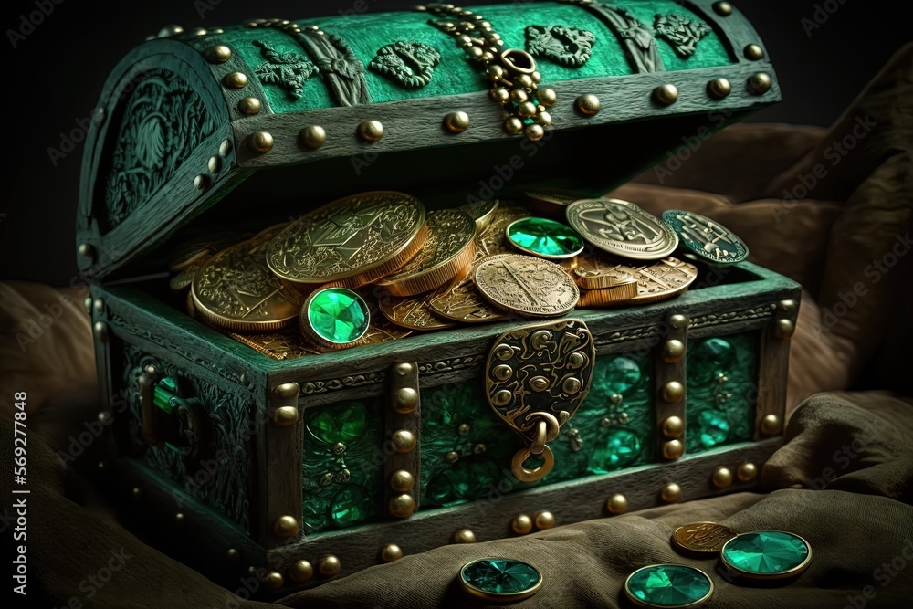 green treasure chest full of coin, idea for Saint Patrick's day
