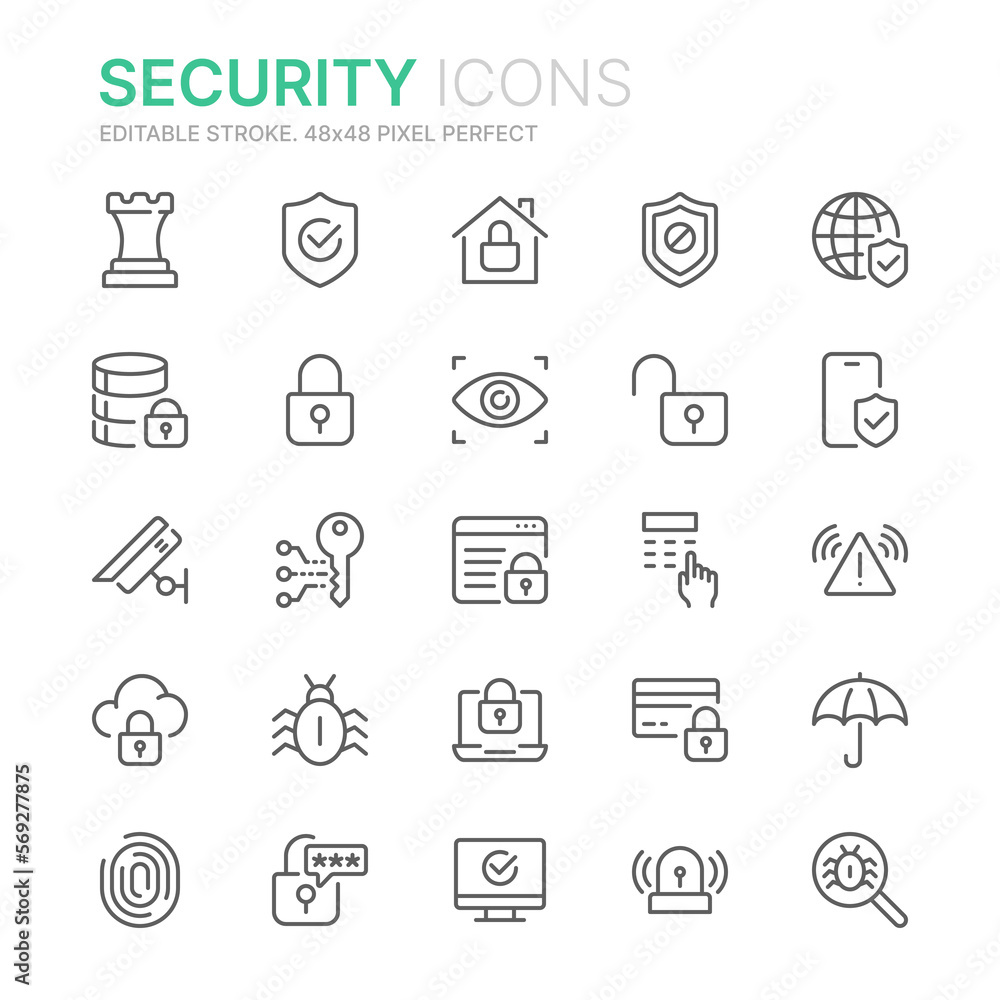 Collection of security related outline icons. 48x48 Pixel Perfect. Editable stroke Collection of security related outline icons. 48x48 Pixel Perfect. Editable stroke