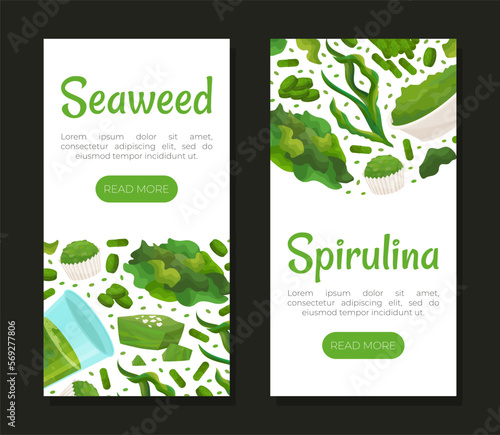 Seaweed Spirulina Banner Design with Green Superfood Vector Template