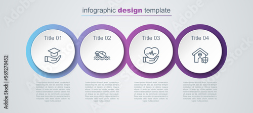 Set line Education grant, Flood car, Life insurance and House with shield. Business infographic template. Vector