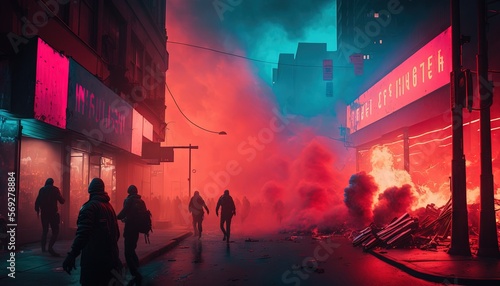  a group of people walking down a street next to a fire hydrant with red smoke coming out of it and a building in the background. generative ai