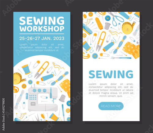 Sewing Banner Design with Tools for Handmade Craft Vector Template