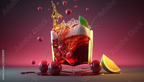  a glass of cranberry juice with a slice of lemon on the side The glass is filled with a deep red liquid and is surrounded by a few cherries The background is slig photo