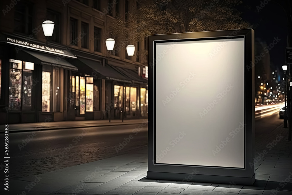 empty poster at the store street showcase window in a city at night. Generative AI