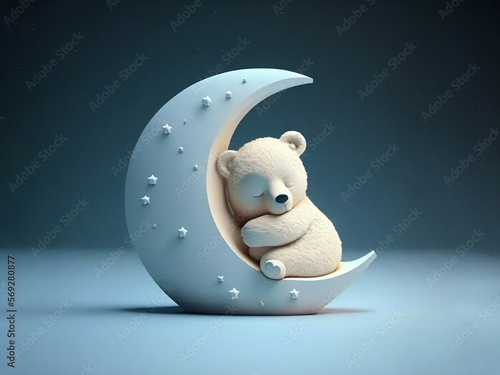 AI generated: white baby bear sleeping on half moon, children's story style