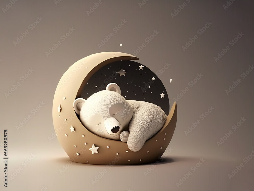 AI generated: sleeping bear in half moon with stars, children's story style