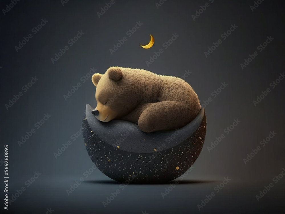 AI generated: illustration brown bear in half moon with stars