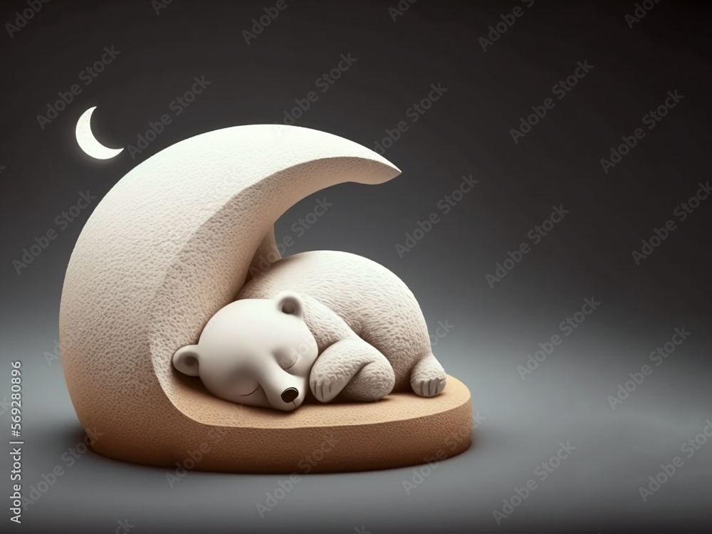 AI generated: 3d illustration, sleeping white bear with moons