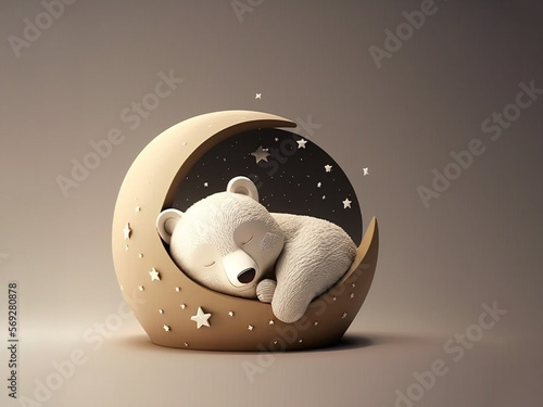 Obraz na płótnie AI generated: sleeping bear in half moon with stars, children's story style w salonie