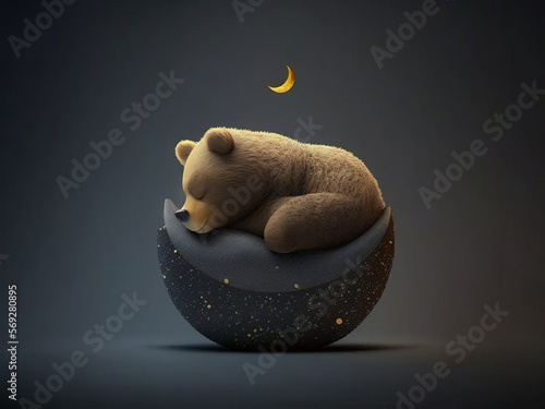 Obraz na płótnie AI generated: illustration brown bear in half moon with stars w salonie