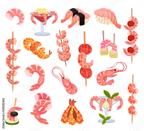 Shrimp snacks set. Delicious cooked seafood. Fried. boiled and kebab shrimp cartoon vector illustration