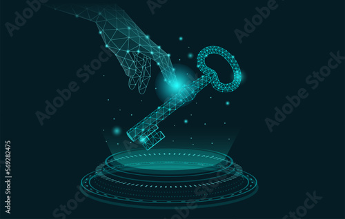 Hand reaching to touch the Ke. Low poly illustration. Concepts about the business key to success in a digital age, keywords, code, and data.