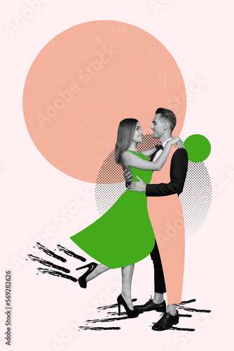 Photo cartoon comics sketch collage picture of charming happy smiling married couple dancing together isolated drawing background