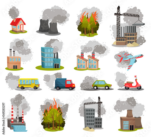 Environmental pollution set. Pollutant fog, gas and industrial smog from factories and transport cartoon vector illustration