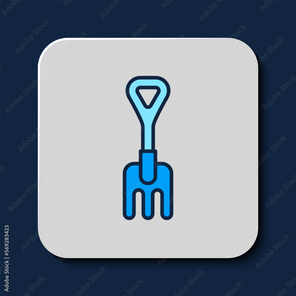 Filled outline Garden rake icon isolated on blue background. Tool for horticulture, agriculture, farming. Ground cultivator. Vector Filled outline Garden rake icon isolated on blue background. Tool for horticulture, agriculture, farming. Ground cultivator. Vector