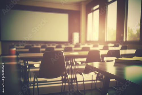 Empty defocused university classroom. generative ai. Business conference room. Blurred school classroom without students with empty chairs and tables © Aquir