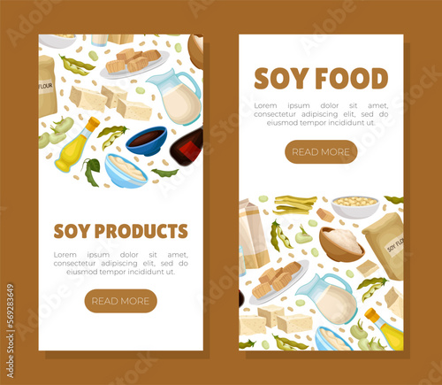 Soy food mobile app templates set. Soybean products landing page, web banner cartoon vector