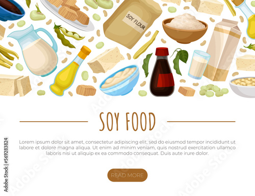 Soy food web banner template. Vegan protein healthy dietary products landing page, website cartoon vector