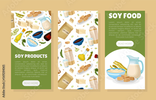 Soy products banner templates set. Vegan protein natural healthy dietary products flyer, leaflet, brochure template with space for text cartoon vector