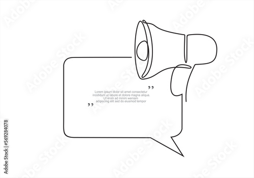 Continuous one line drawing of Public horn speaker  and speech bubble. Trendy line art vector on a white background. Vector illustration.
