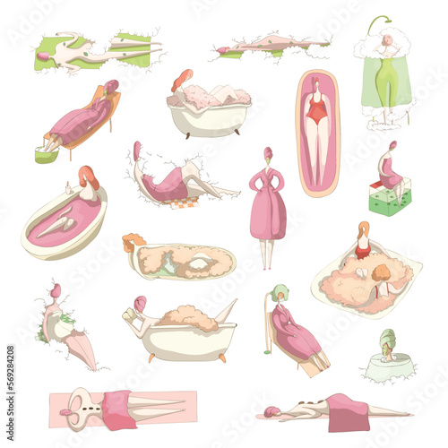 Beautiful woman having beauty spa procedures set. Spa center services cartoon vector illustration
