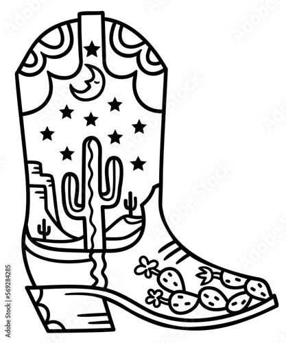 Cowboy boot cactus and stars decoration. Vector hand drawn illustration of Cowboy boot with cactus and night moon decor printable black outline style design. 
Cowgirl wild west boots for print or colo