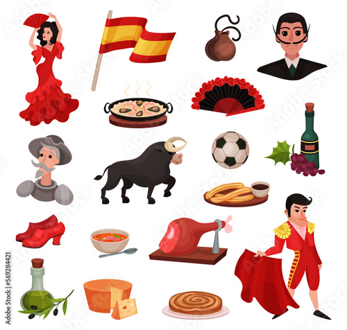 Flamenco dancer, bull, paella, bottle of wine, olive oil, castanets, jamon cartoon vector illustration