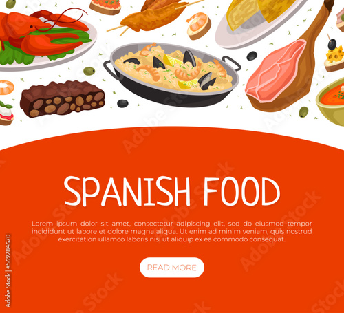 Spanish food landing page template. Delicious traditional dishes of Spain such as paella  jamon  gaspacho web banner  website cartoon vector
