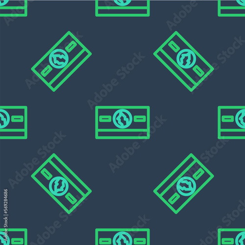 Line Stacks paper money cash icon isolated seamless pattern on blue background. Money banknotes stacks. Bill currency. Vector