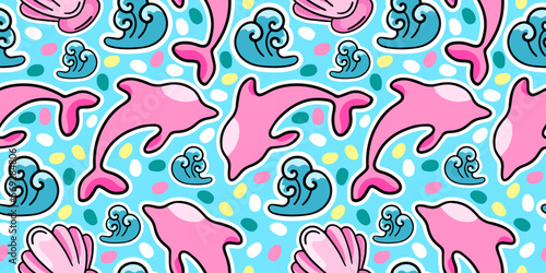 Marine pattern with pink dolphins, vacation, vector seamless pattern in the style of doodles, hand draw