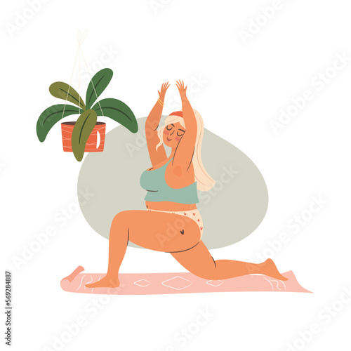 Woman doing yoga at home. Self time concept illustration