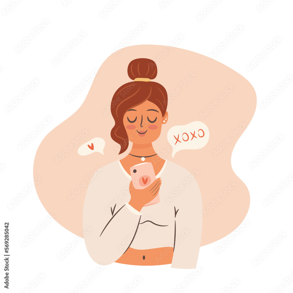 Woman texting with love ones. Valentine's day card concept. Vector Illustration Woman texting with love ones. Valentine's day card concept. Vector Illustration