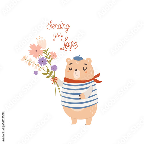 Sending you love. Cute bear with flowers. Valentine's day card concept. Vector Illustration