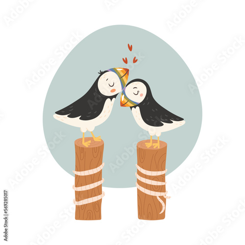 Cute Puffins couple in love. Valentine's day card concept. Vector Illustration