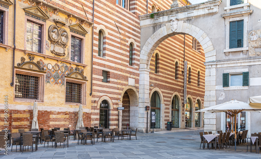 The Captain's Palace facade at Piazza dei Signori, Verona city, Veneto region, northern Italy, September 9, 2021