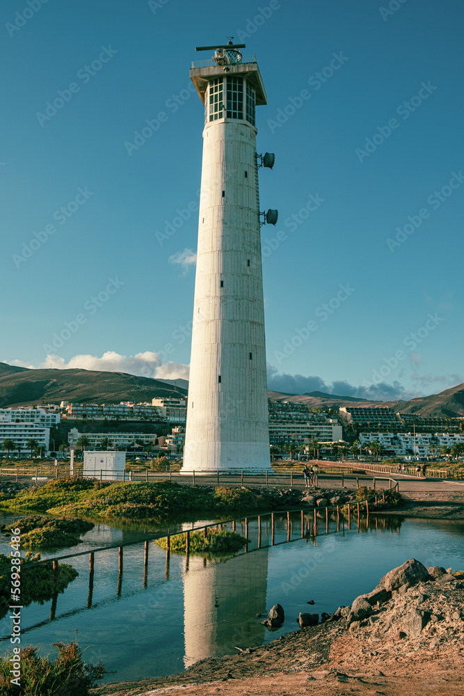 Morro Jable lighthouse, built of concrete in 1991 in the marshes of the Jandía peninsula of Fuerteventura, in the Canary Islands, Spain