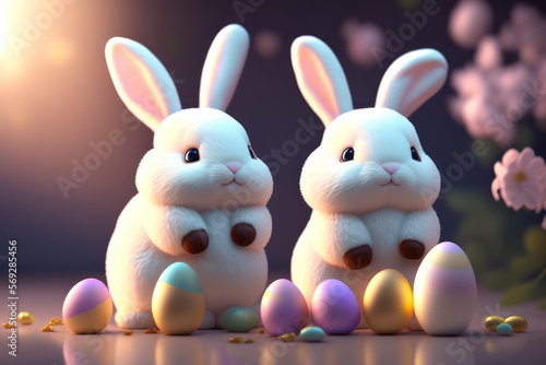 two cute easter bunnies with easter eggs created with Generative AI technology