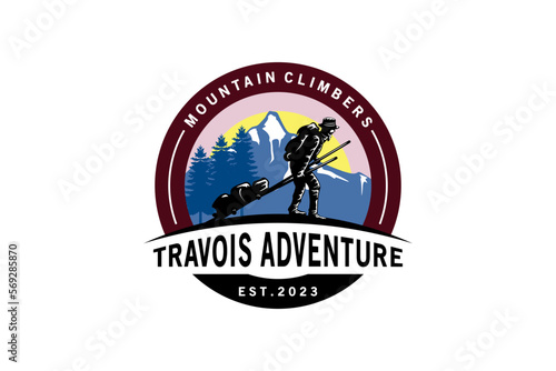 Walking person silhouette emblem logo design pulling travois with vintage mountains background