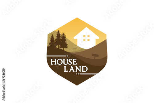 Land hill and house symbol logo design for property vintage style