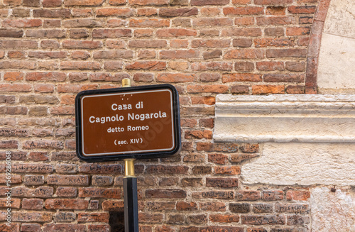 Facade of the House of Cagnolo Nogarola called Romeo, 14th century - a medieval building in the historic centre of Verona - Veneto Region in northern Italy, September 9, 2021 photo