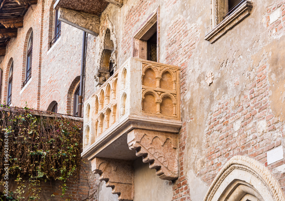 Balcony of Juliet -  house-museum of Juliet, described by William Shakespeare - historic centre of Verona, Veneto,northern Italy - September 9, 2021